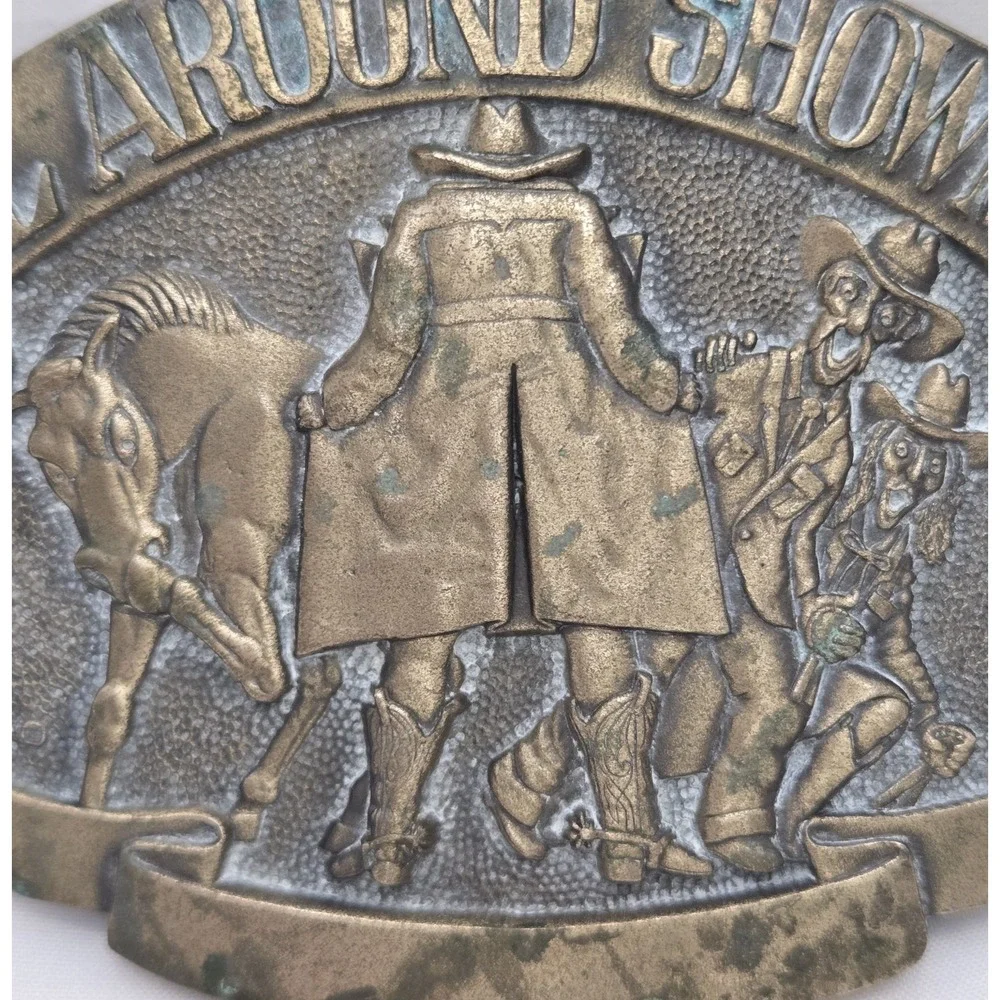 Vtg 1980s ADM All Around Showman Flasher Cowboy Novelty Belt Buckle -Solid Brass